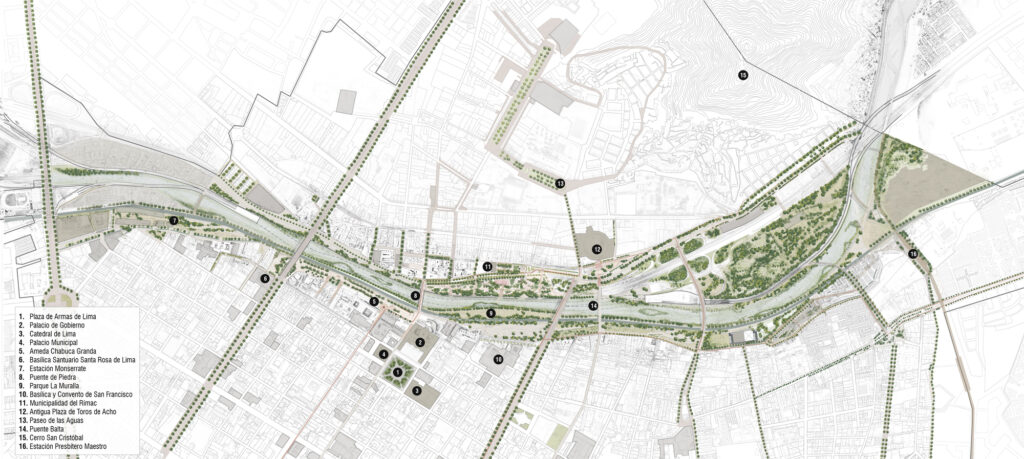 Plano maestro del Proyecto Especial Paisajístico Río Rímac (PEPRR) en el Centro Histórico de Lima, mostrando la recuperación de la ribera y conectividad con hitos patrimoniales.