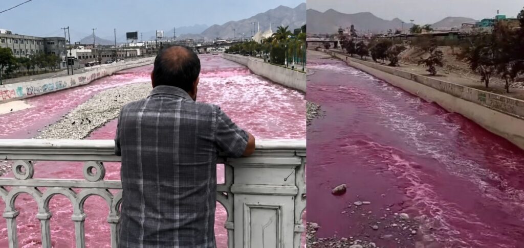 Hombre observa desde un puente el río Rímac teñido de color rojo intenso en Lima, un fenómeno de contaminación hídrica ocurrido en 2025.