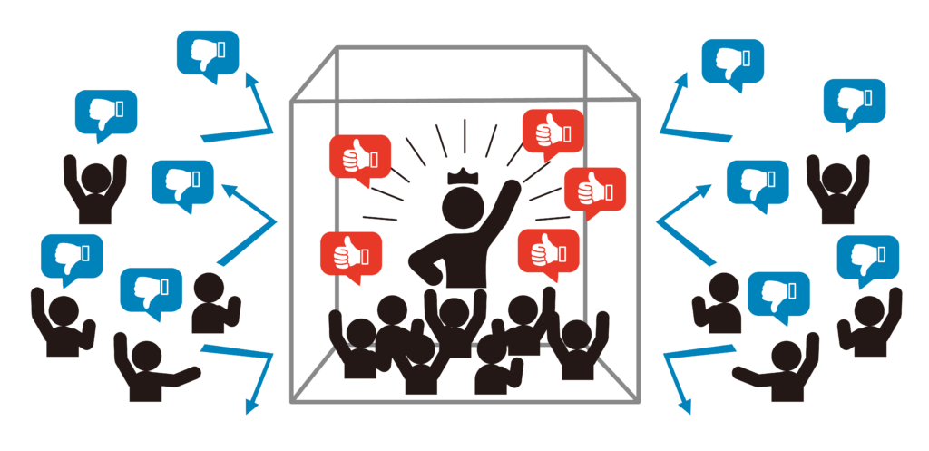 Ilustración conceptual de una cámara de eco: un líder con corona dentro de un cubo transparente recibe solo pulgares arriba de su entorno, mientras las críticas externas con pulgares abajo rebotan afuera.